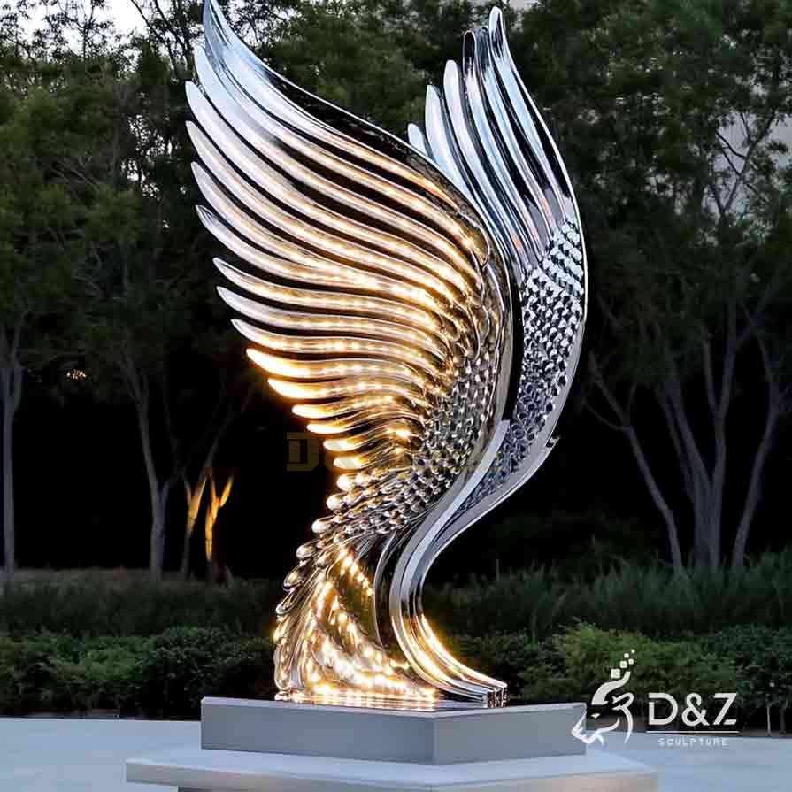 Polished Abstract Metal Wings Sculpture with Lights 7