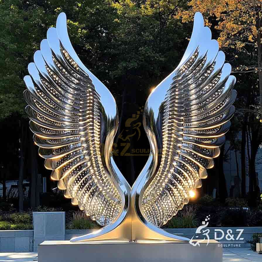 Polished Abstract Metal Wings Sculpture with Lights 8