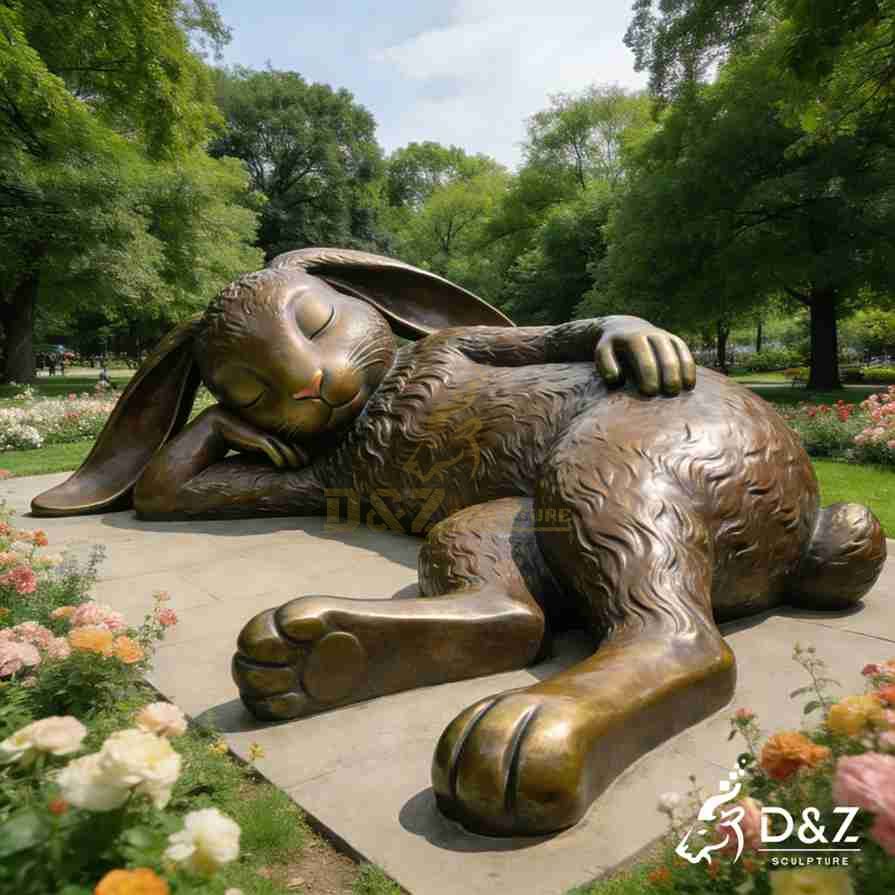 Bronze Lounging Rabbit Statue 1