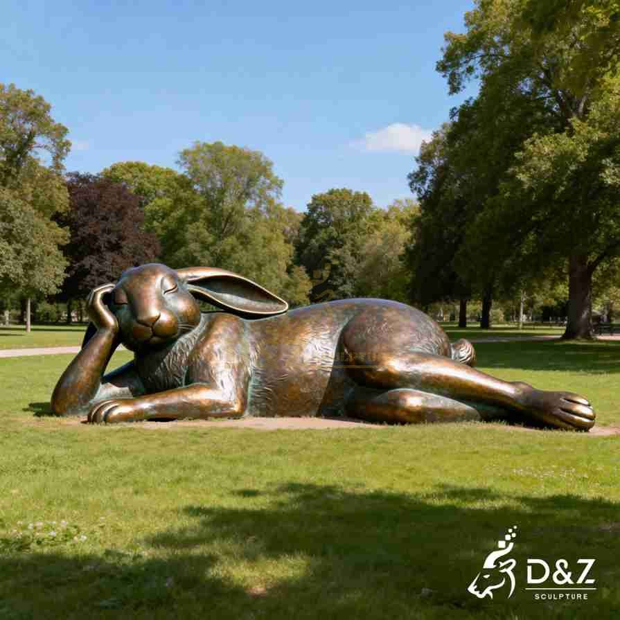 Bronze Lounging Rabbit Statue 2