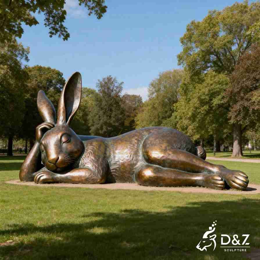 Bronze Lounging Rabbit Statue 4