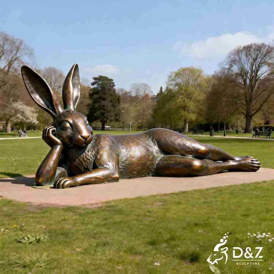 Bronze Lounging Rabbit Statue 5