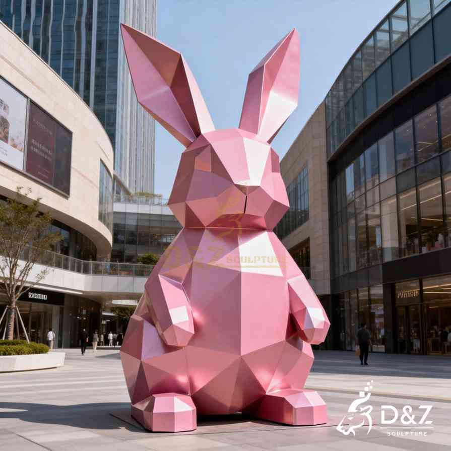 Geometric Metal Pink Rabbit Sculpture 4