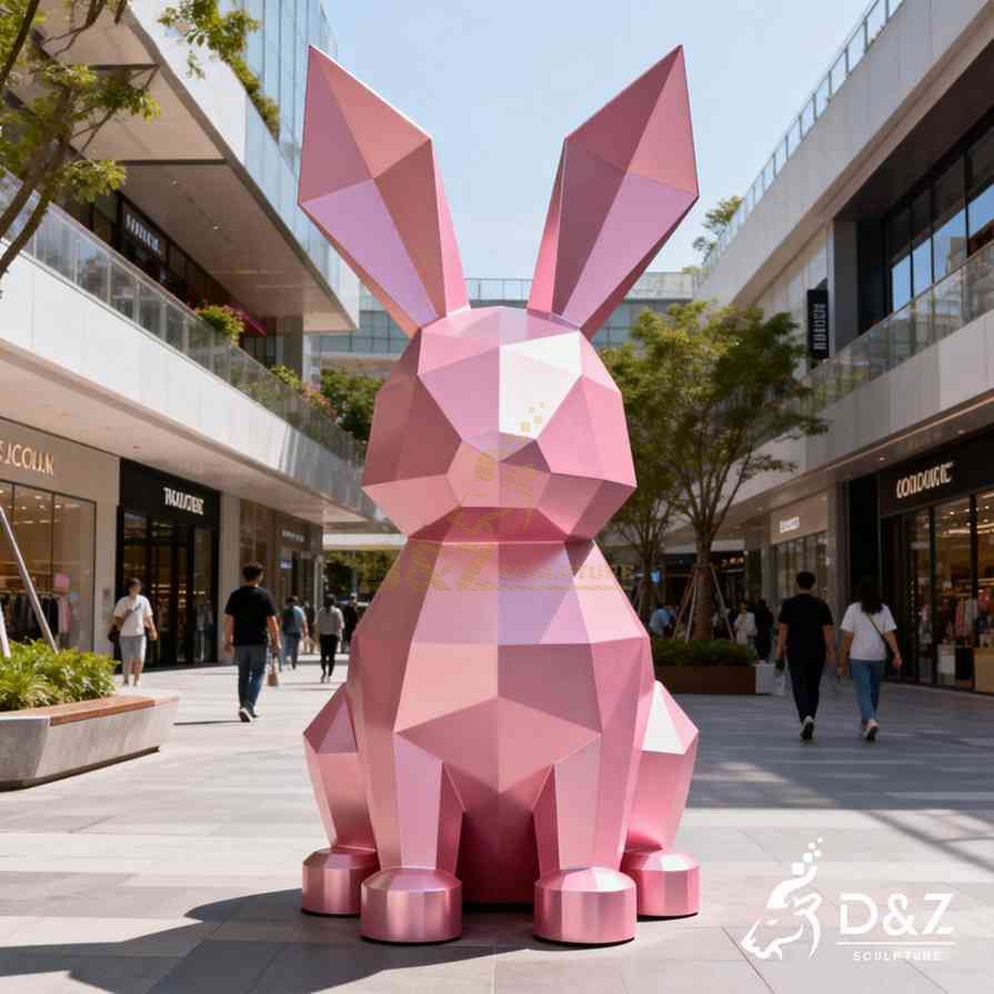 Geometric Metal Pink Rabbit Sculpture 5