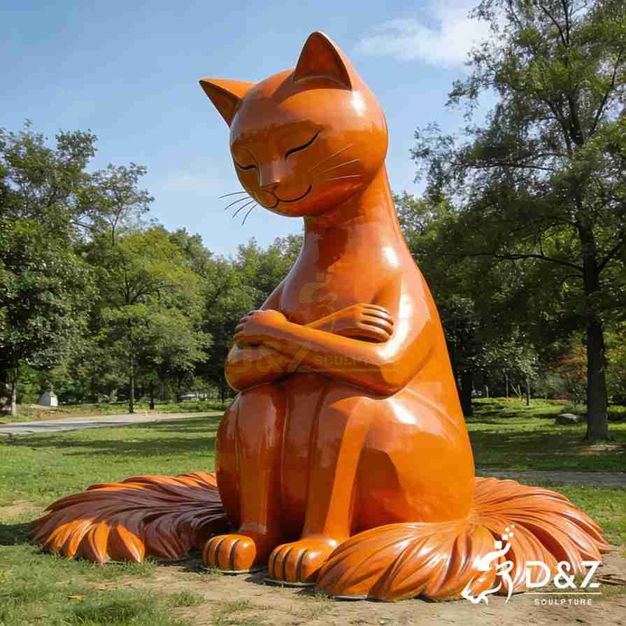 Metal Sitting Orange Cat Sculpture 5