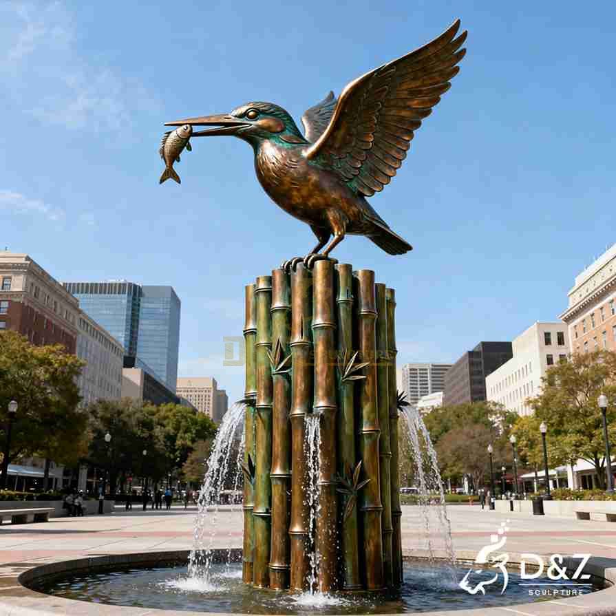 Bamboo Fountain with Bronze Kingfisher Sculpture 2