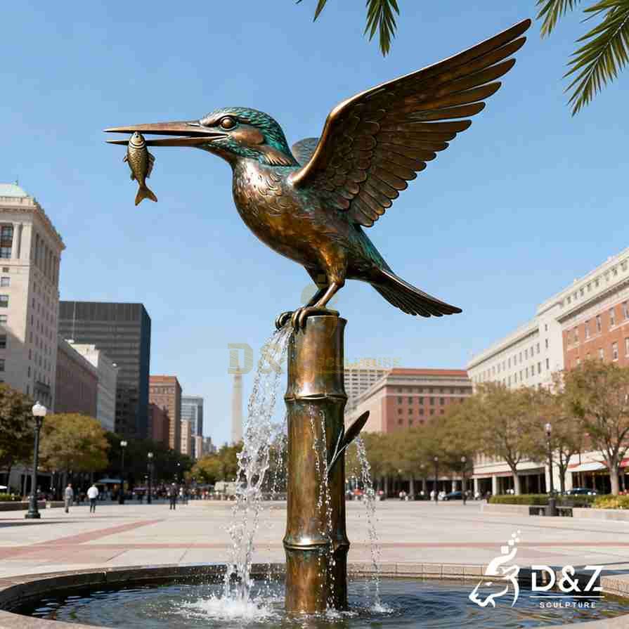 Bamboo Fountain with Bronze Kingfisher Sculpture 3