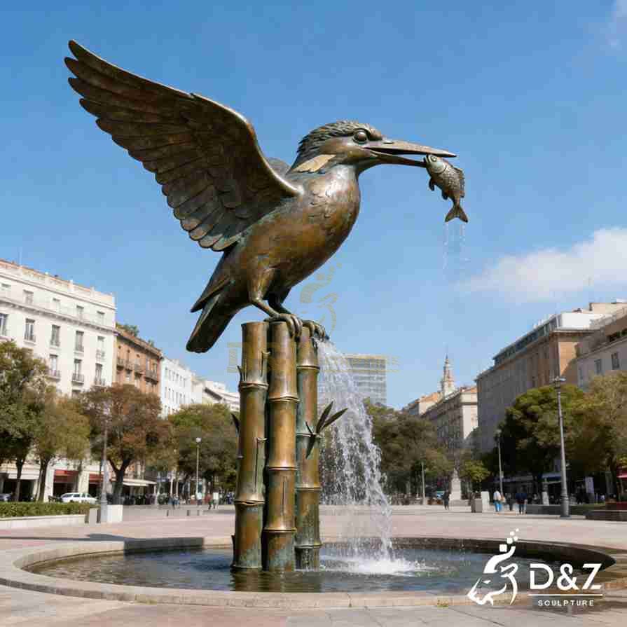 Bamboo Fountain with Bronze Kingfisher Sculpture 4