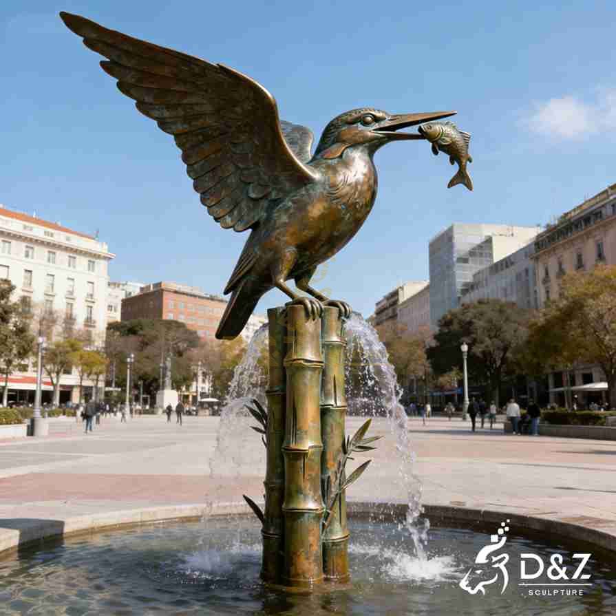 Bamboo Fountain with Bronze Kingfisher Sculpture 5