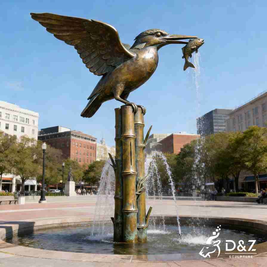 Bamboo Fountain with Bronze Kingfisher Sculpture 6