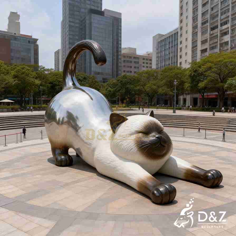 Metal Stretching Siamese Cat Sculpture 3