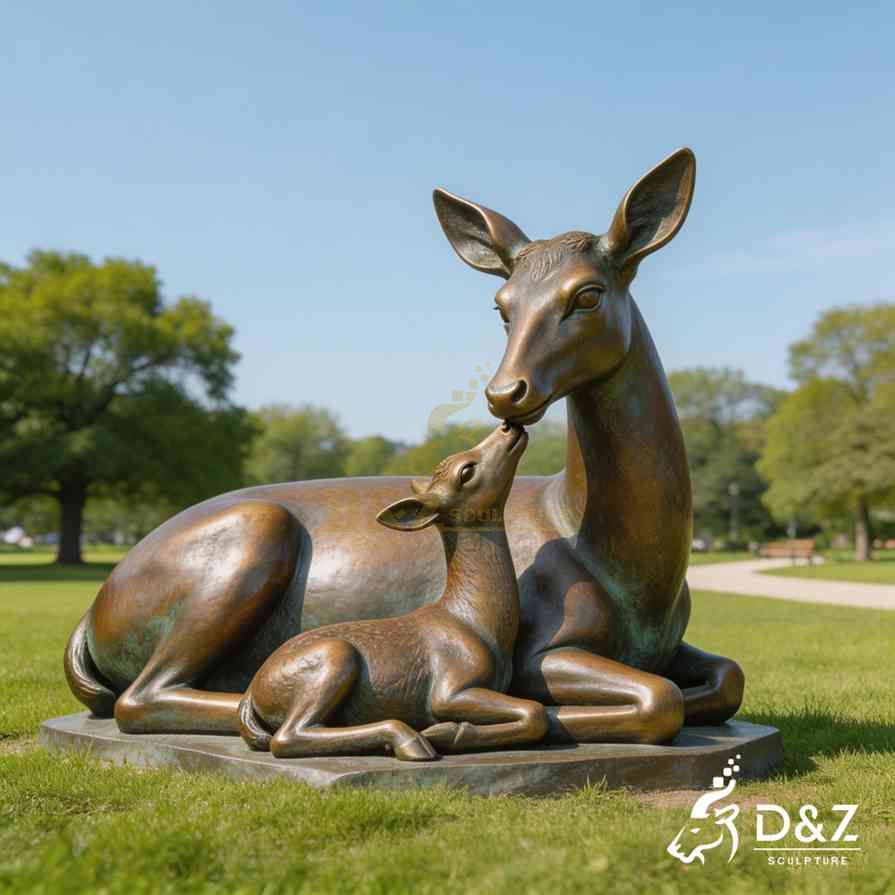 Bronze Lying Down Deer and Fawn Statue 2