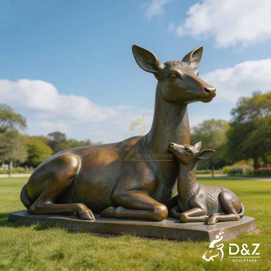 Bronze Lying Down Deer and Fawn Statue 3
