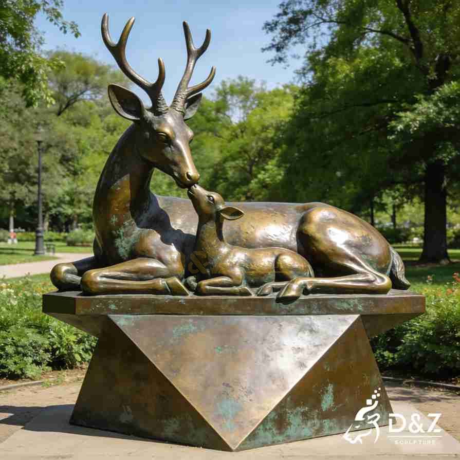 Bronze Lying Down Deer and Fawn Statue 6