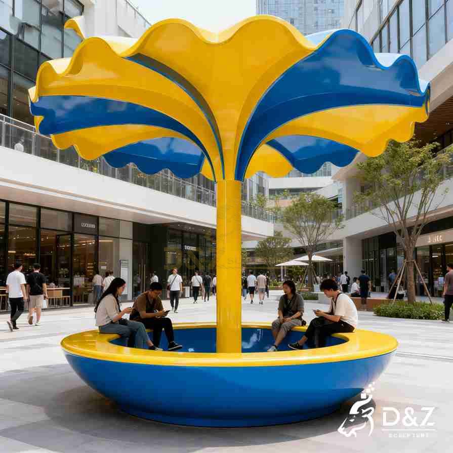 Metal Flower Sculpture with Bench 1