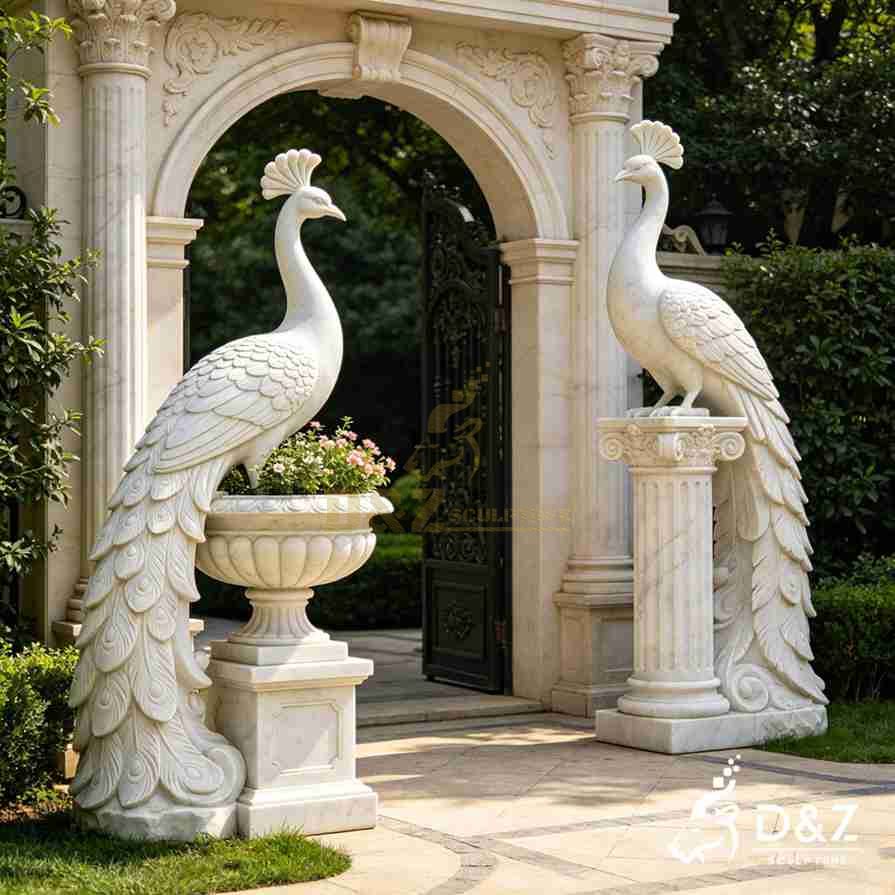 White Marble Peacock Statue 2