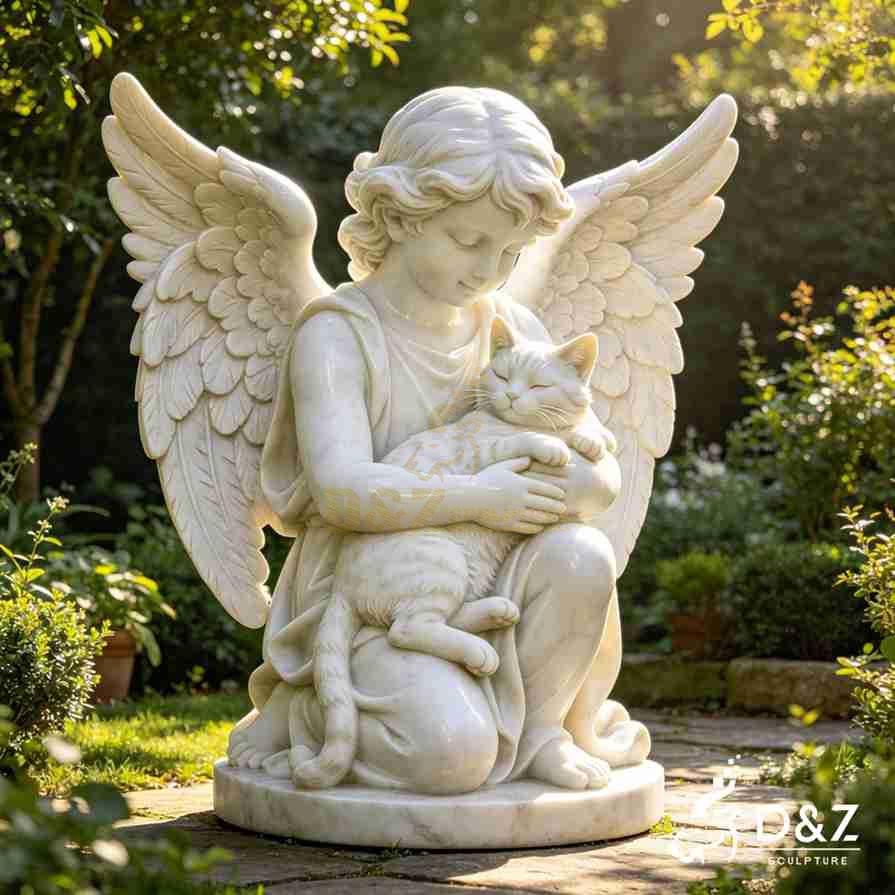 Angel Holding Cat Garden Statue 6
