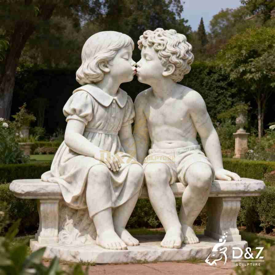 Garden statues boy and girl kissing on bench 1
