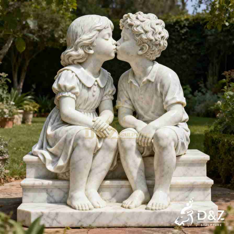 Garden statues boy and girl kissing on bench 3