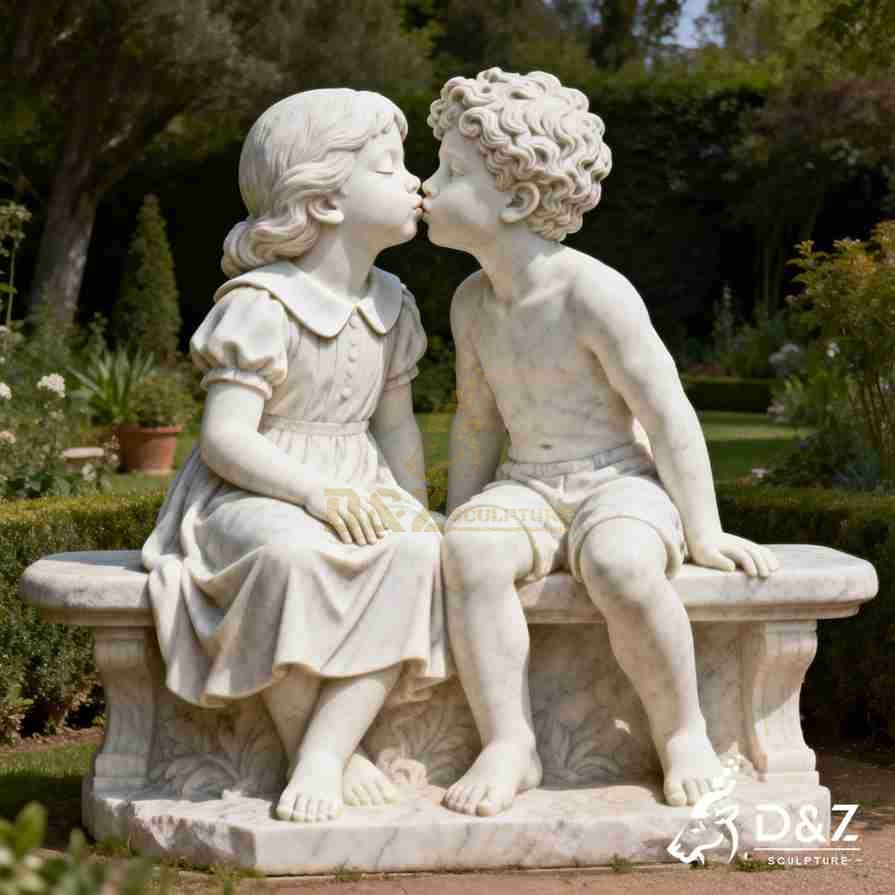 Garden statues boy and girl kissing on bench 4