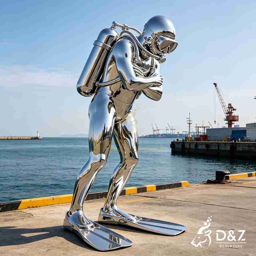Large outdoor shiny scuba diver statue 1