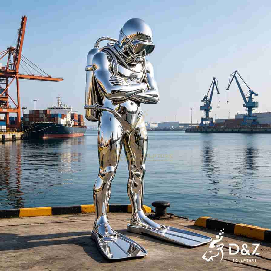 Large outdoor shiny scuba diver statue 3