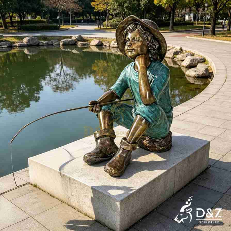 Outdoor little boy fishing garden statue for sale