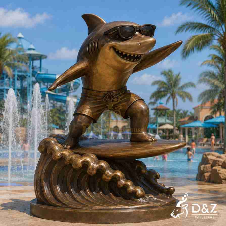 Surfing Bronze Shark Statue 4 Surfing Bronze Shark Statue 4