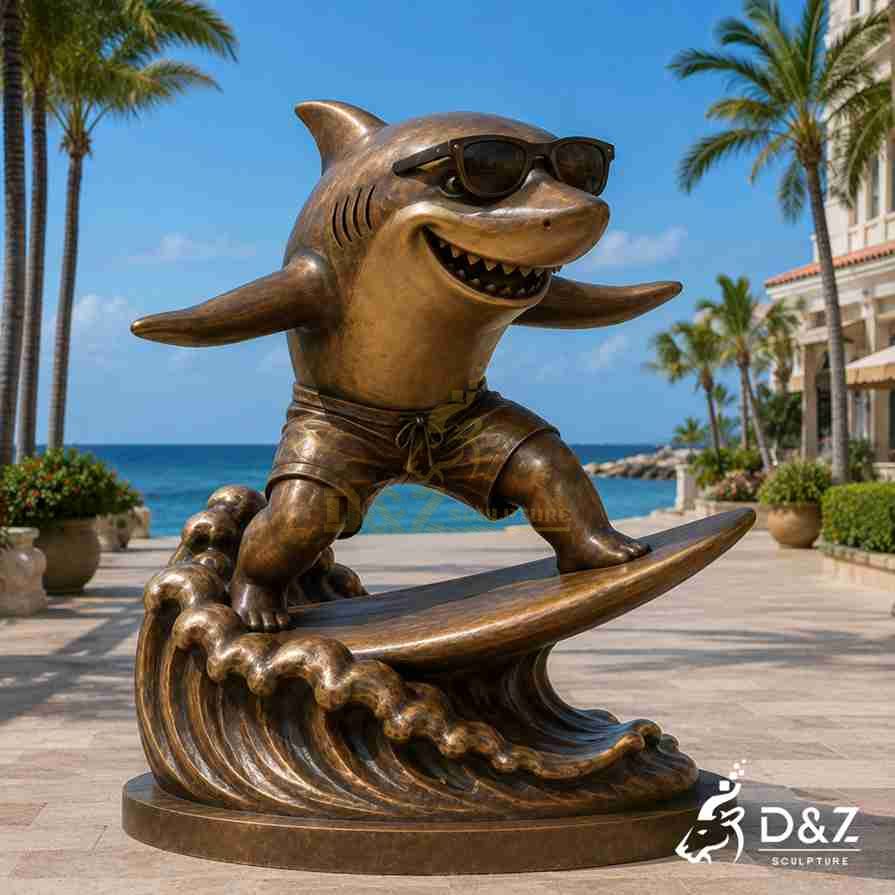 Surfing Bronze Shark Statue 5 Surfing Bronze Shark Statue 5