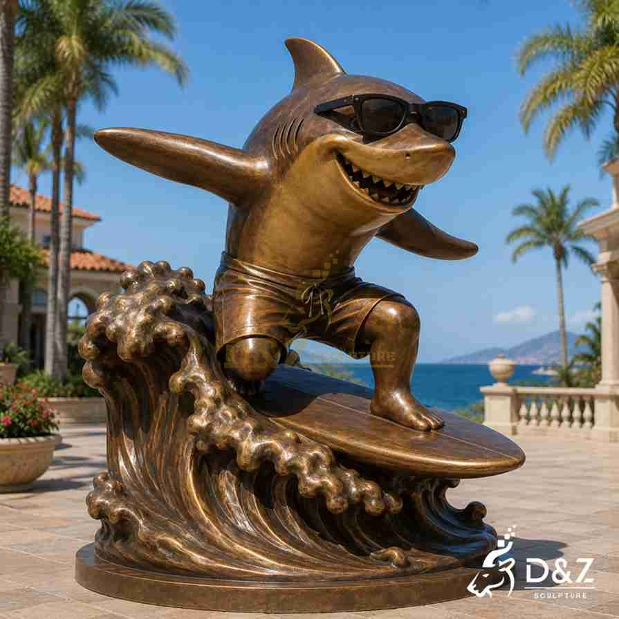 Surfing Bronze Shark Statue 6 Surfing Bronze Shark Statue 6