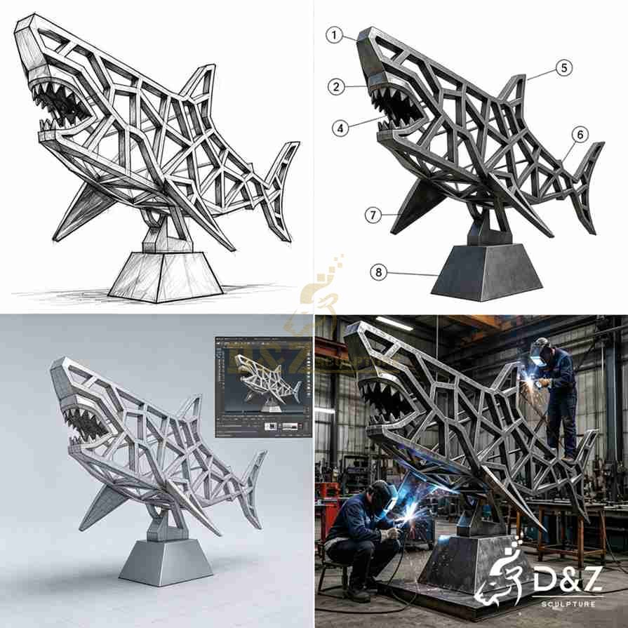 Large Metal Geometric Shark Sculpture for Sale DZJ-805