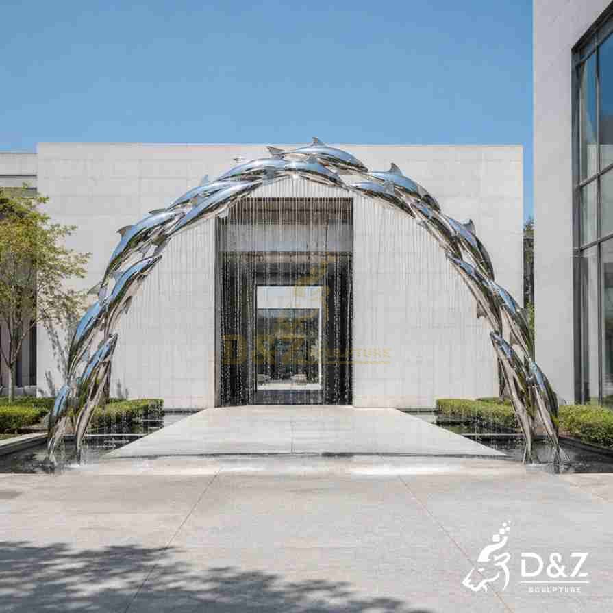 Large stainless steel fish fountain arch, water curtain effect for corporate entrance landscape Large stainless steel fish fountain arch, water curtain effect for corporate entrance landscape