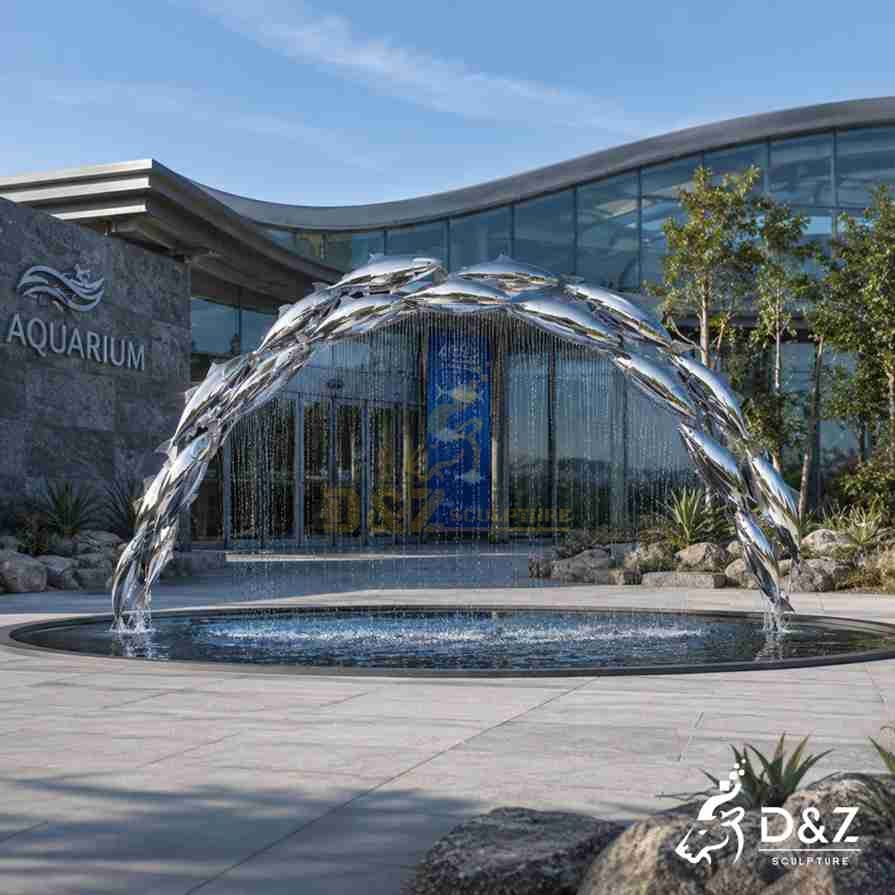 Mirror stainless steel fish fountain arch sculpture at aquarium entrance, circular pool water feature Mirror stainless steel fish fountain arch sculpture at aquarium entrance, circular pool water feature
