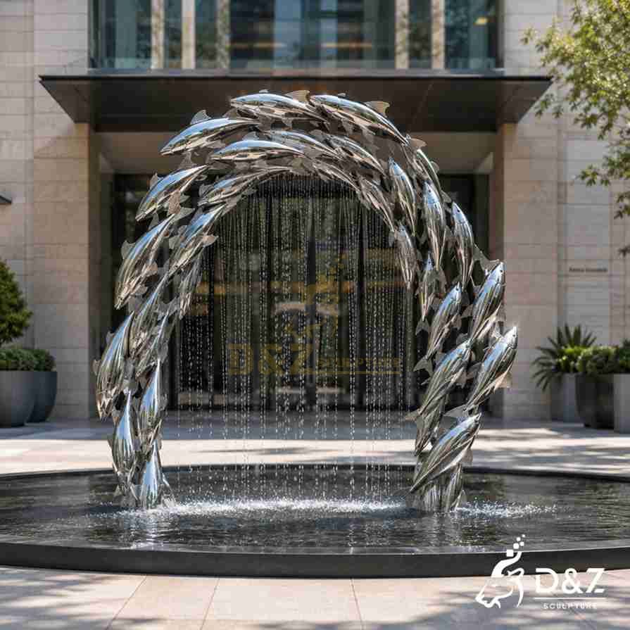 Modern metal fish fountain arch sculpture, rain curtain water feature for commercial plaza Modern metal fish fountain arch sculpture, rain curtain water feature for commercial plaza