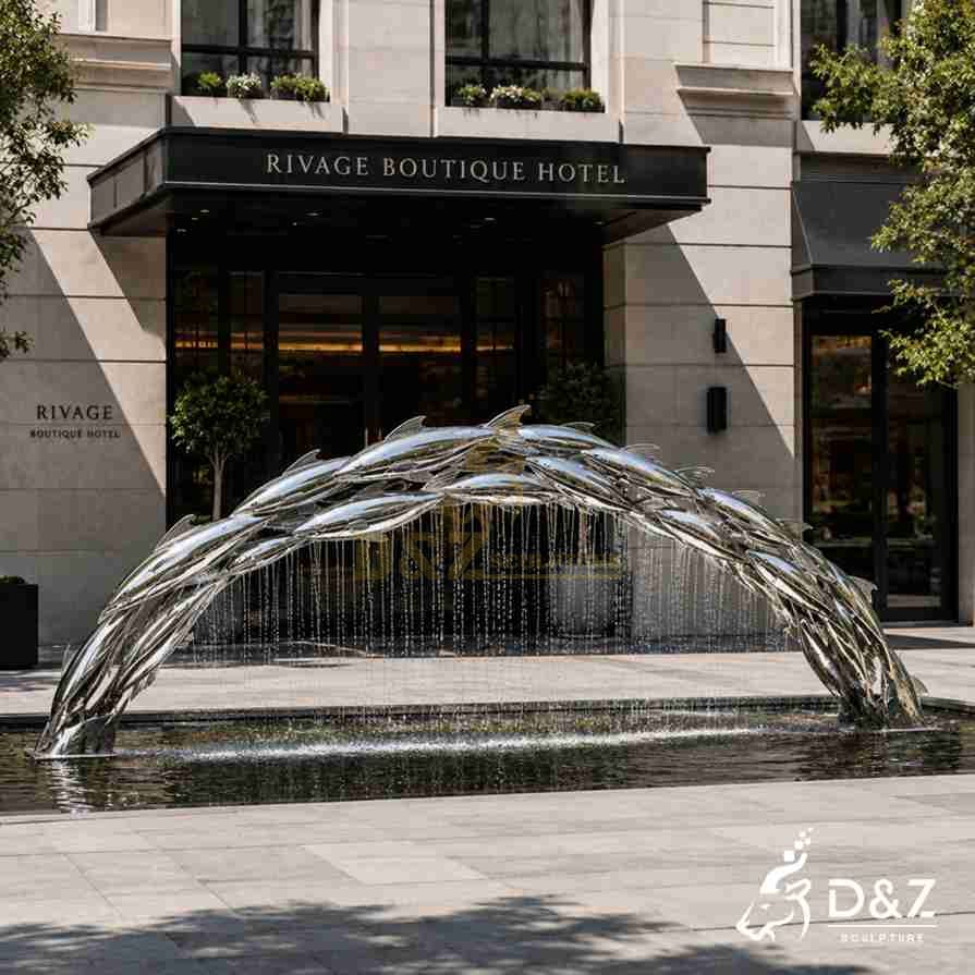 Outdoor stainless steel fish fountain arch, luxury hotel entrance water landscape sculpture Outdoor stainless steel fish fountain arch, luxury hotel entrance water landscape sculpture