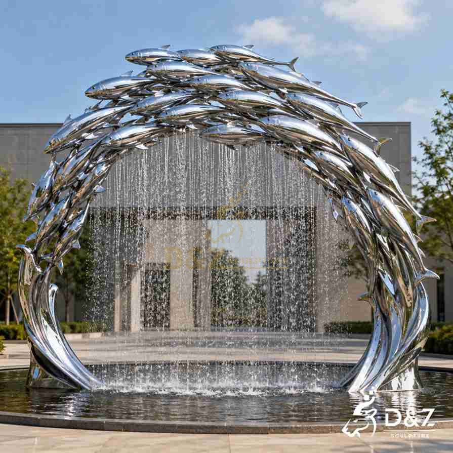 Large mirror metal fish fountain arch sculpture, rain waterfall outdoor water feature Large mirror metal fish fountain arch sculpture, rain waterfall outdoor water feature