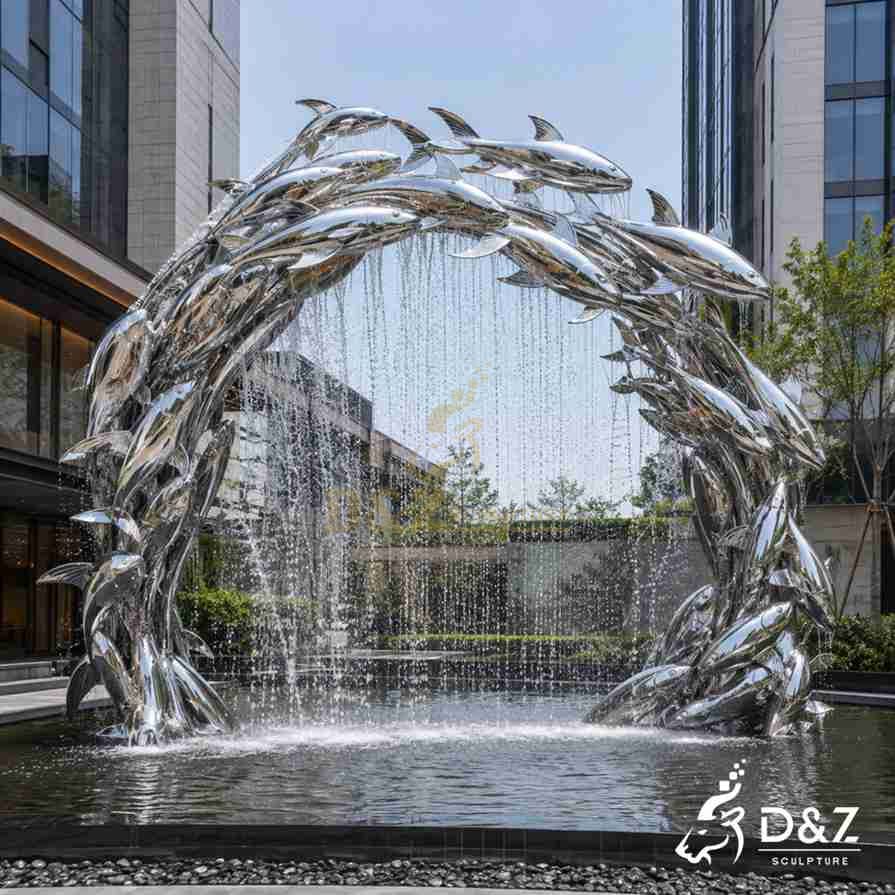 Contemporary stainless steel fish fountain arch, water curtain feature for business park landscape Contemporary stainless steel fish fountain arch, water curtain feature for business park landscape
