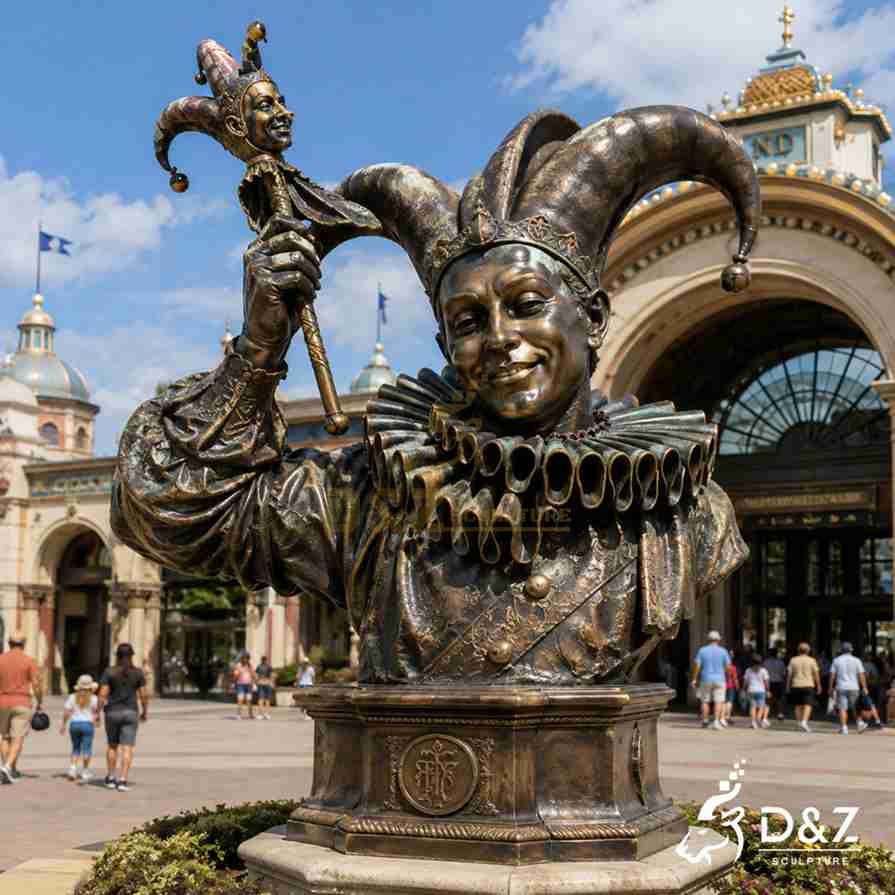 Bronze clown statue bust with marotte scepter, theme park sculpture Bronze clown statue bust with marotte scepter, theme park sculpture