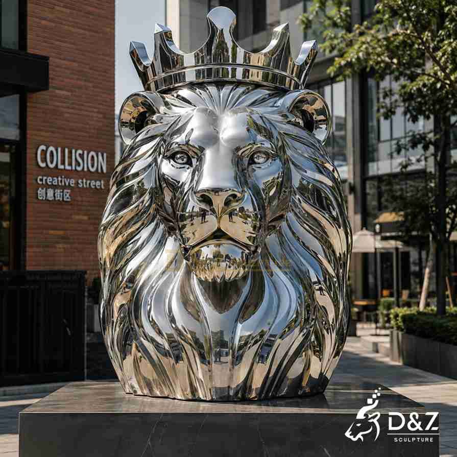 Mirror stainless steel lion bust sculpture with crown, street art statue