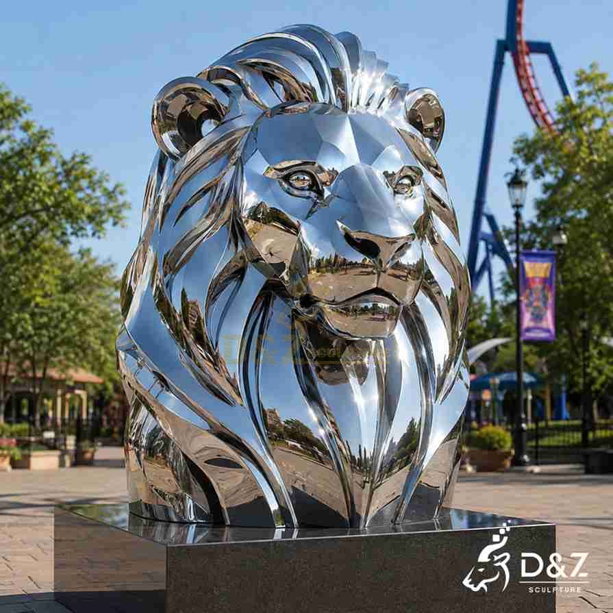 Geometric faceted stainless steel lion bust, theme park sculpture