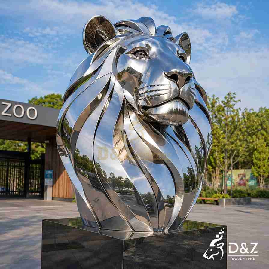 Smooth curved stainless steel lion bust, zoo entrance decor statue