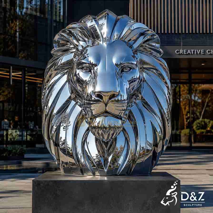 Symmetrical stainless steel lion bust sculpture, hotel entrance art