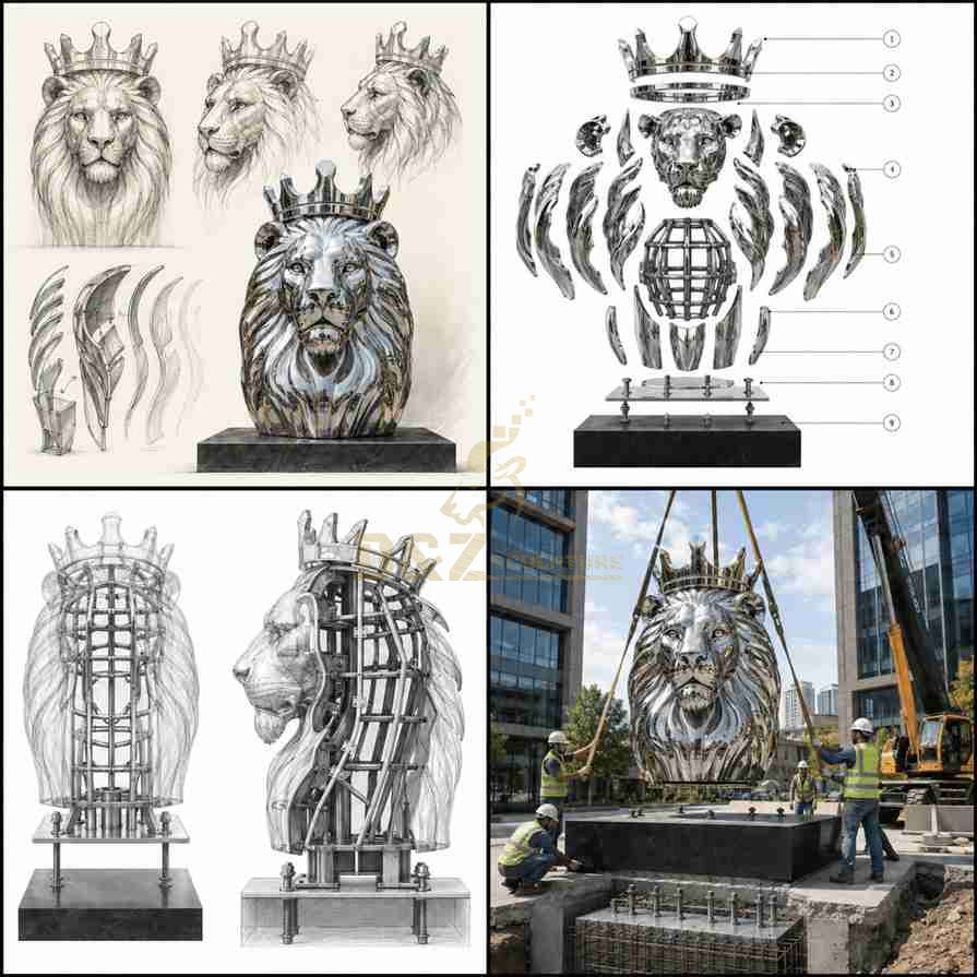 Large Modern Metal Lion Bust Sculpture for Outdoor DZJ-817