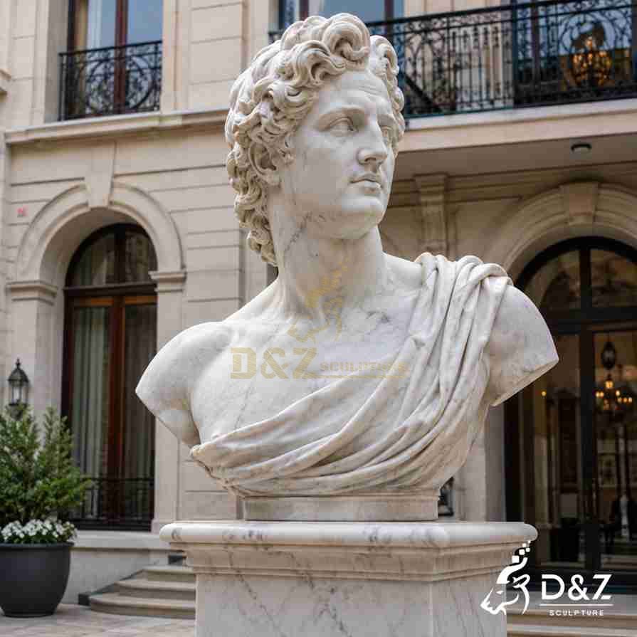 Multiple design options of hand carved white marble Apollo bust statue displayed at building entrance, D&Z Sculpture