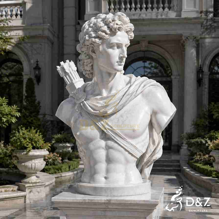 White marble Apollo bust sculpture with quiver detail, classical greek god stone bust for outdoor courtyard