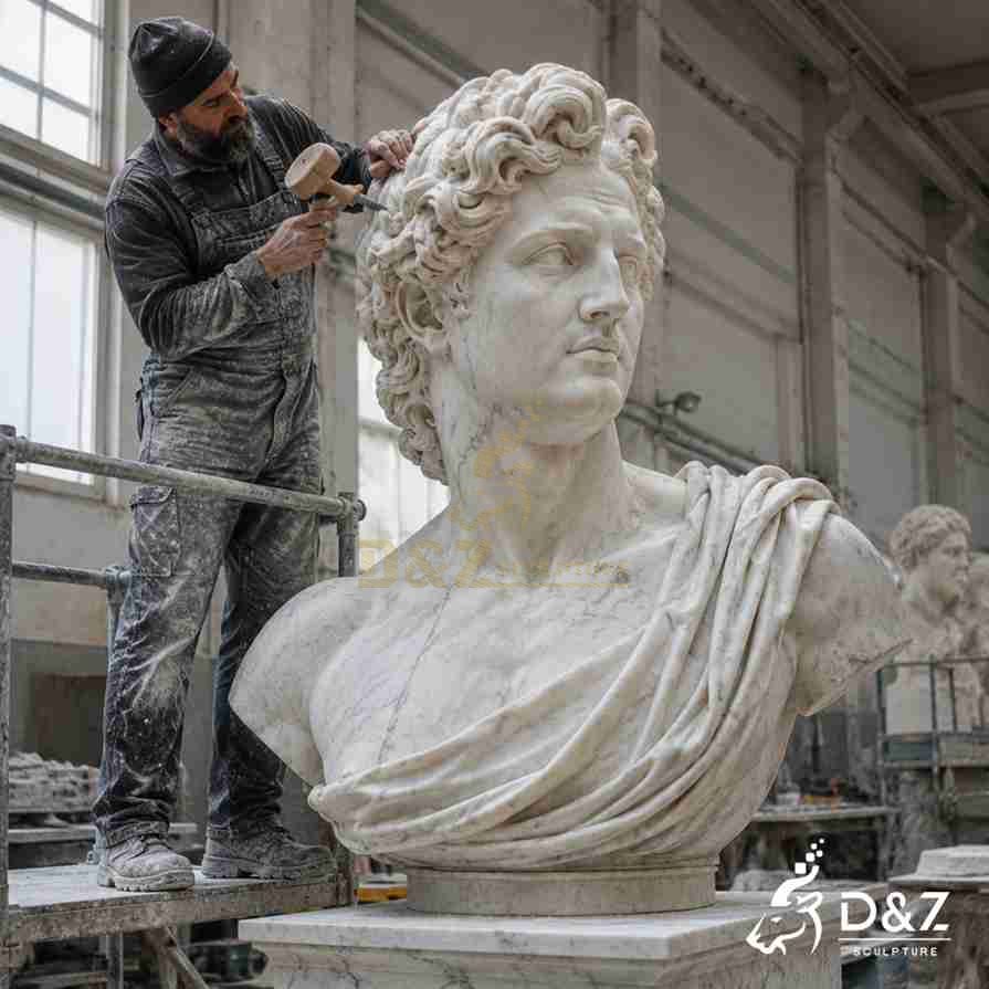 Master craftsman hand‑carving white marble Apollo bust in sculpture workshop