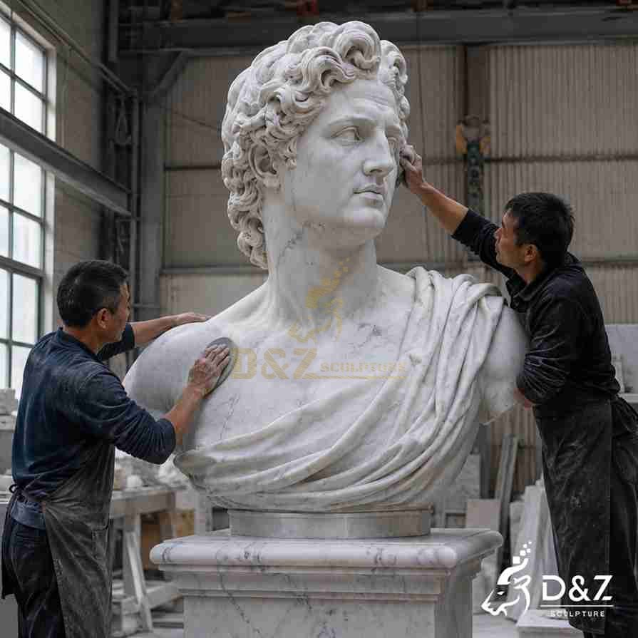 Workers polishing details on large white marble Apollo bust sculpture inside factory