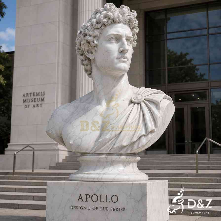 White marble Apollo bust on engraved marble plinth, placed in front of art museum building