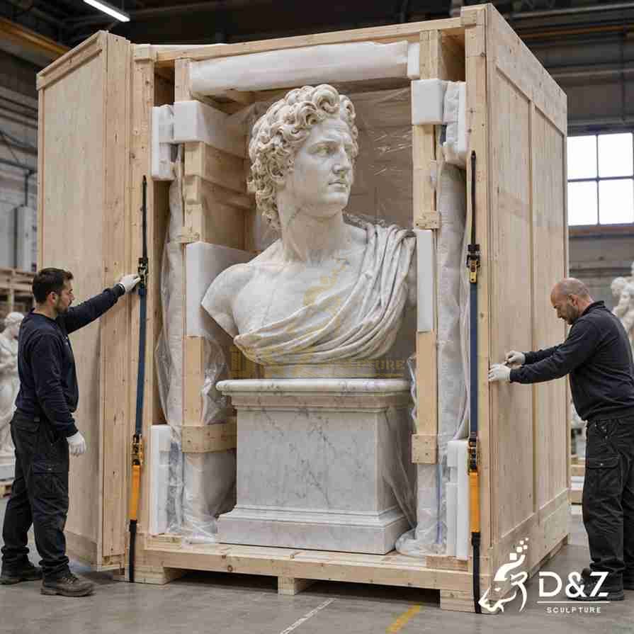 Solid wooden fumigated crate packaging for large marble Apollo bust statue for international shipment