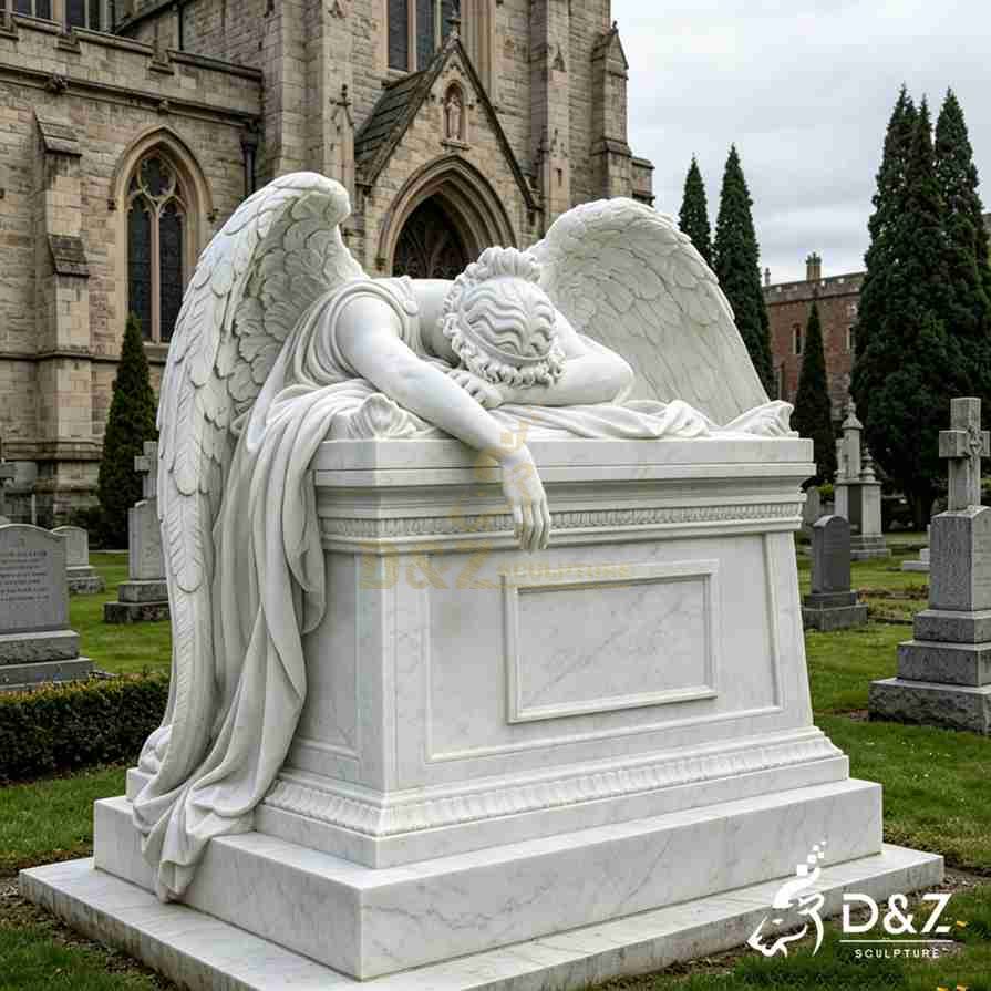 Premium carrara white marble weeping angel statue outdoor cemetery memorial display